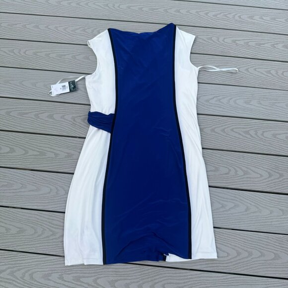 NWT LAUREN Ralph Lauren Blue White Colorblock Ruched Jersey Sheath Dress 16 - Picture 1 of 5